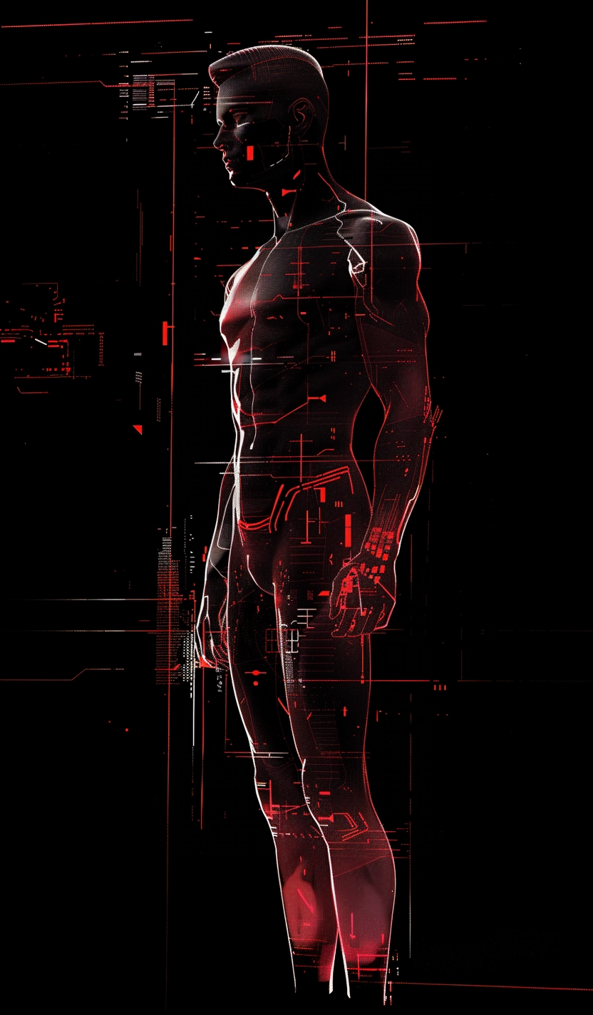 Developer's full body standing silhouette image in reddish cyberpunk theme